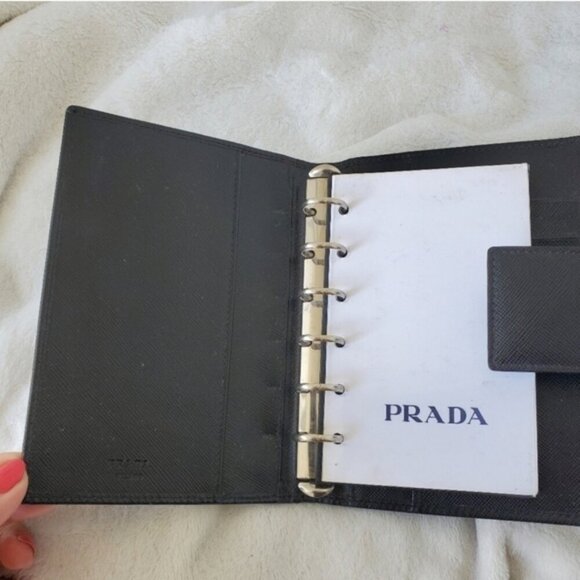 PRADA Black Leather Agenda Planner PM Size silver rings - Picture 1 of 11